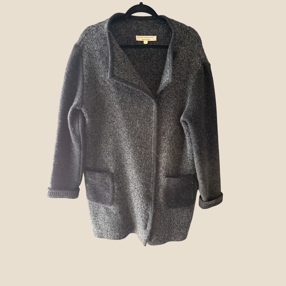 Baltic Inspirations Wool Blend Open Front Cardigan Sweater Grey Black Medium